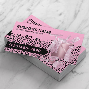 Modern Pink House Cleaning Service Leopard Print Business Card
