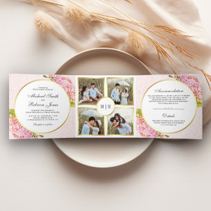 Modern Pink Hydrangea Floral Photo Collage Wedding Tri-Fold Invitation