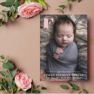 Modern Pink Initial Introducing New Baby Photo Announcement