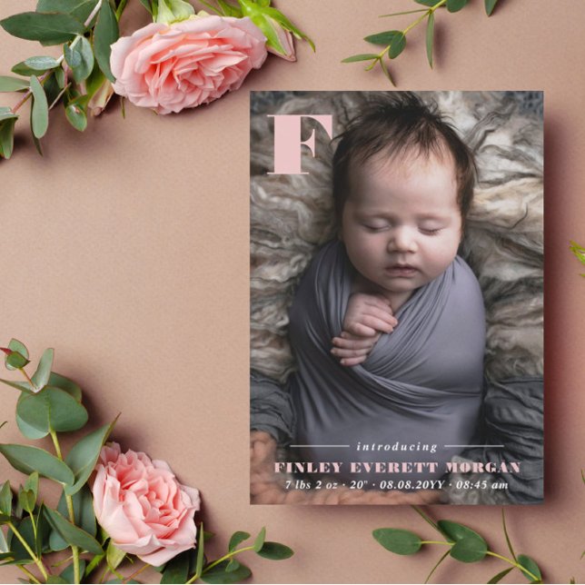 Modern Pink Initial Introducing New Baby Photo Announcement (Creator Uploaded)