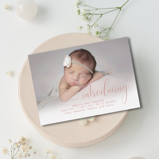Modern Pink Introducing Photo Script Simple Birth Announcement (Creator Uploaded)