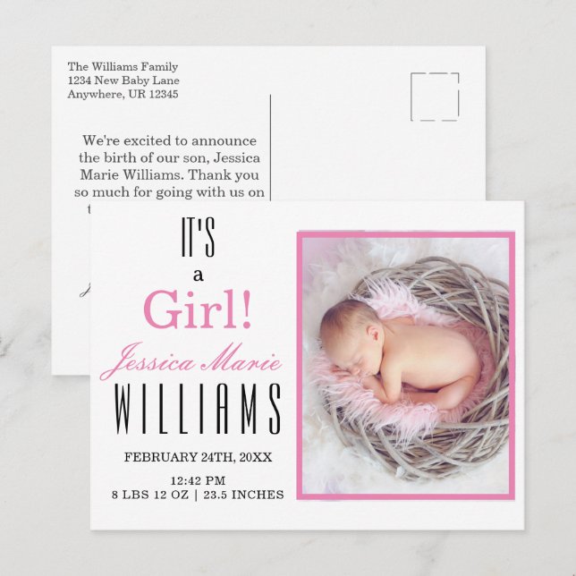 Modern Pink It's a Girl! Baby Birth Announcement  Postcard (Front/Back)