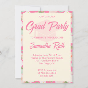 Modern Pink Ivory Floral Graduation Party Invitation