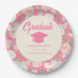 Modern Pink Ivory Floral Graduation Party Paper Plate