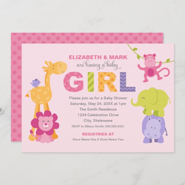 Modern Pink Jungle Animals Girl Baby Shower Invitation (Front/Back)