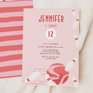 Modern Pink Kids Bowling Birthday Party Invitation
