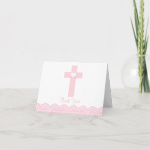 Modern Pink Lace Cross Religious Thank You Note