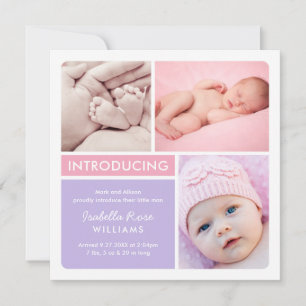 Modern Pink Lavender Colour Block Baby Girl Birth Announcement