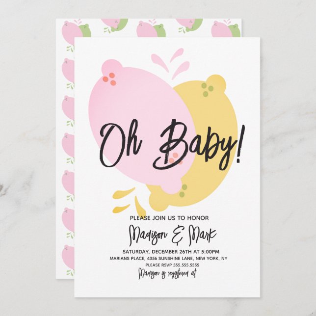 Modern Pink Lemonade Lemon Lime Baby Shower Invita Invitation (Front/Back)