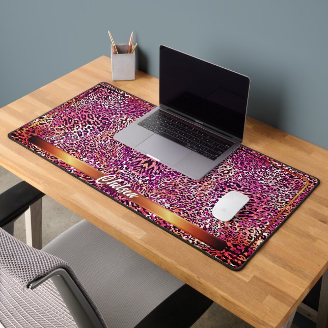 Modern Pink Leopard Animal Print Camo Custom Name Desk Mat (Office 2)