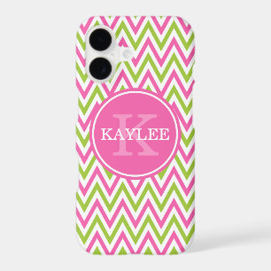 Modern Pink Lime Green Chevron & Monogram