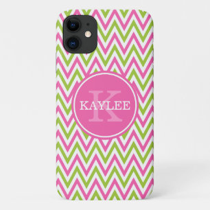 Modern Pink Lime Green Chevron & Monogram Case-Mate iPhone Case