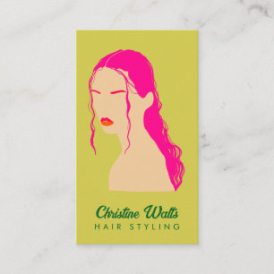 Modern Pink Lime Green Hair Styling Flat Design QR Business Card