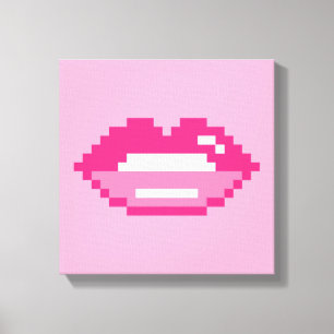 Modern pink lips kiss pixel art canvas print