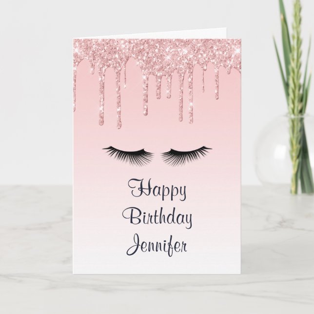 Modern Pink Liquid Glitter & Eyelashes Birthday Card (Front)
