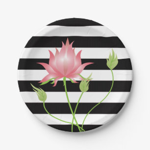 Modern Pink Lotus Floral Stripes Paper Plate