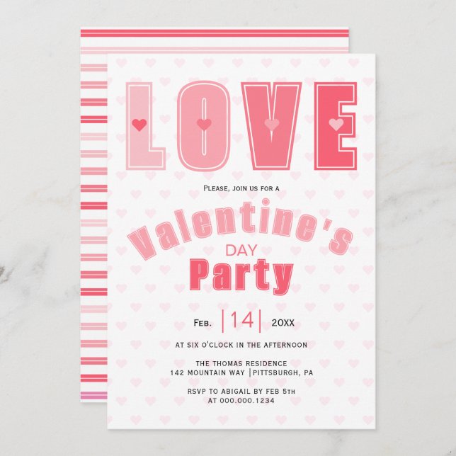Modern pink LOVE hearts Valentines Day party Invitation (Front/Back)