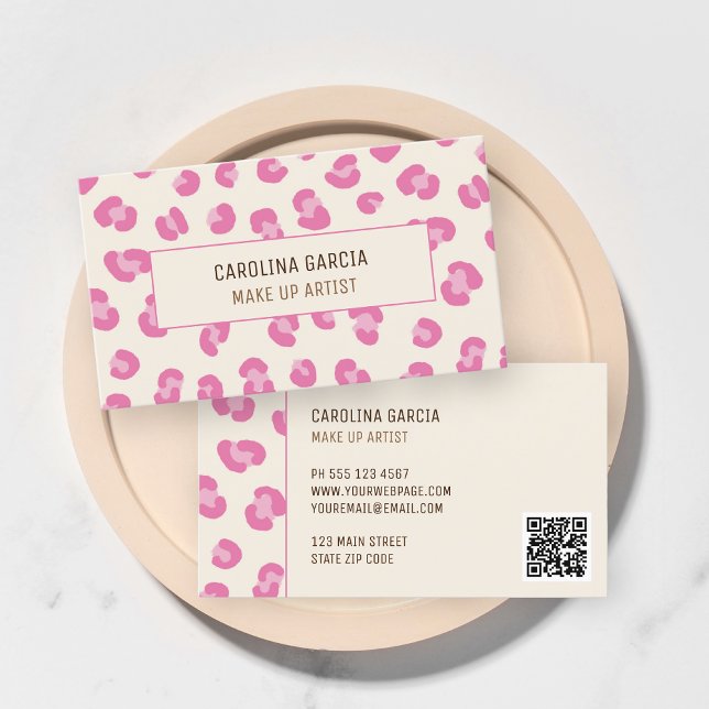 Modern Pink Makeup Artist Business Card (Chic professional personalized blush pink leopard print makeup artist business card)