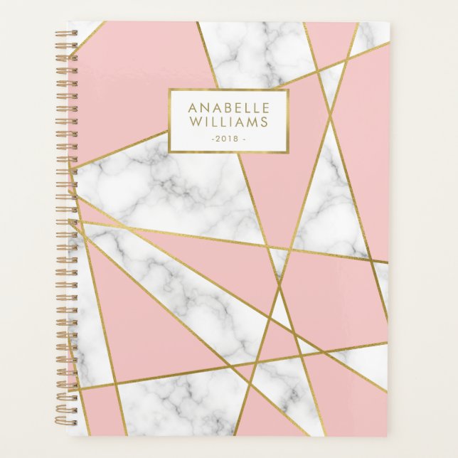 Modern Pink Marble and Gold Geometric Design Planner (Front)