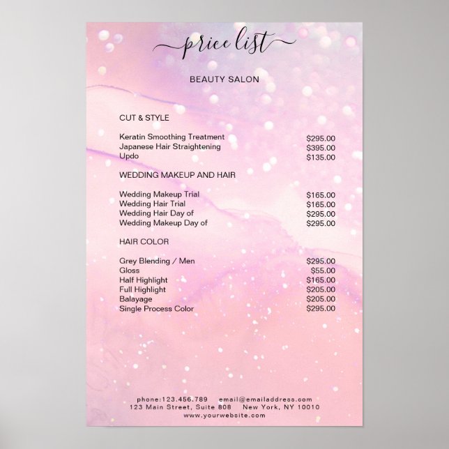 Modern Pink Marble Glitter Salon Price List Poster (Front)