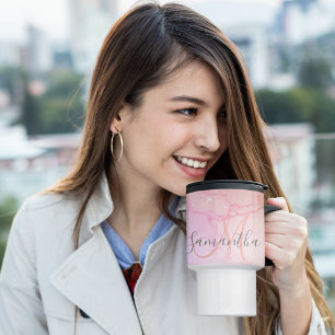 Modern Pink Marble & Glitter Sparkles Name Travel Mug