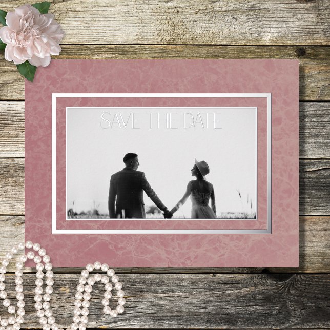 Modern Pink Marble Photo Foil Save the Date Foil Holiday Postcard (Creator Uploaded)
