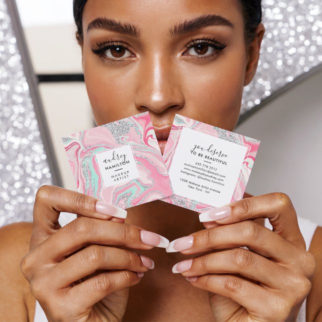 Modern pink marble silver elegant makeup artist square business card (Modern pink marble silver elegant makeup artist)