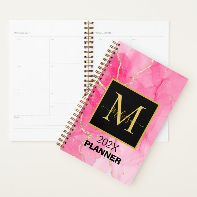 Modern Pink Marbled Black Monogram Name  Planner (Display)