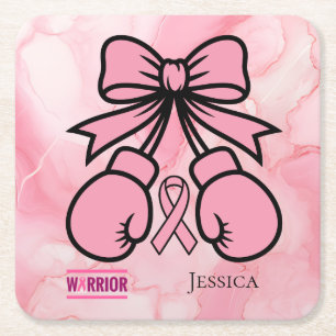 Modern Pink Marbled Breast Cancer Warrior Name Square Paper Coaster