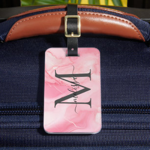 Modern Pink Marbled Monogramed Luggage Tag