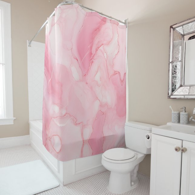 Modern Pink Marbled Shower Curtain (In Situ)