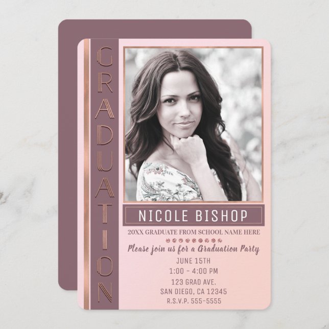 Modern Pink Mauve Graduation Party Graduate Photo Invitation (Front/Back)