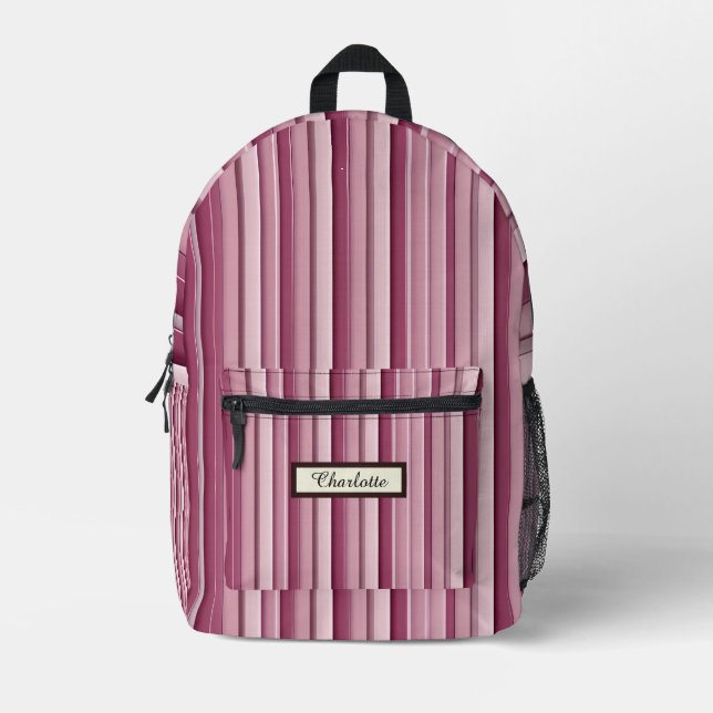 Modern Pink Mauve Striped Personalised Backpack (Front)