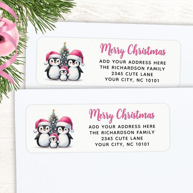 Modern Pink Merry Christmas Cute Penguins Family (Creator Uploaded)