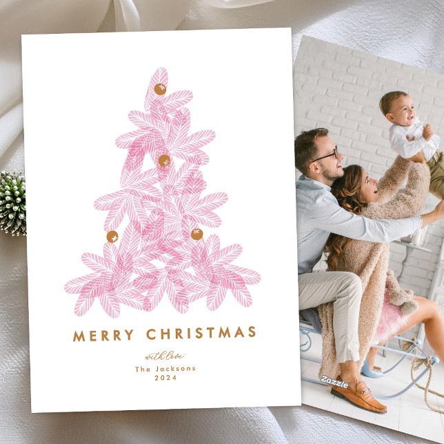 Modern Pink Merry Christmas Tree Single 1 photo Holiday Card (Creator Uploaded)