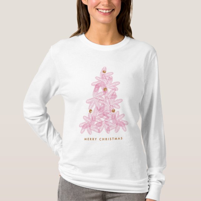Modern Pink Merry Christmas Tree T-Shirt (Front)