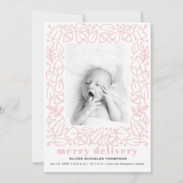 Modern Pink Merry Delivery Girl Birth Announcement (Front)