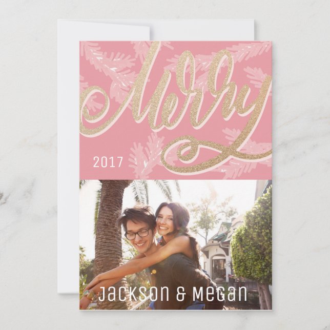 Modern Pink Merry Script Faux Gold Holiday Photo (Front)