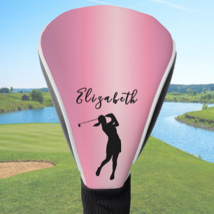 Modern Pink Metallic Look Lady Golfer Custom Name Golf Head Cover