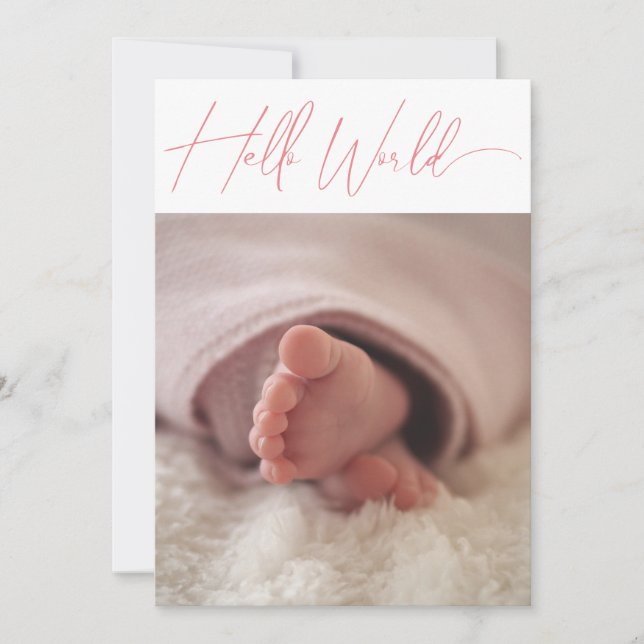 Modern Pink Minimalist Photo Birth Baby Announcement (Front)
