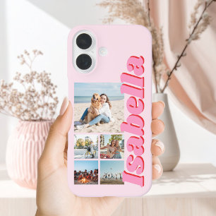 Modern Pink Monogram 5 Photo Collage iPhone 16 Case
