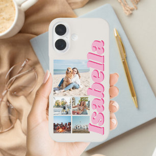 Modern Pink Monogram 5 Photo Collage iPhone 16 Case