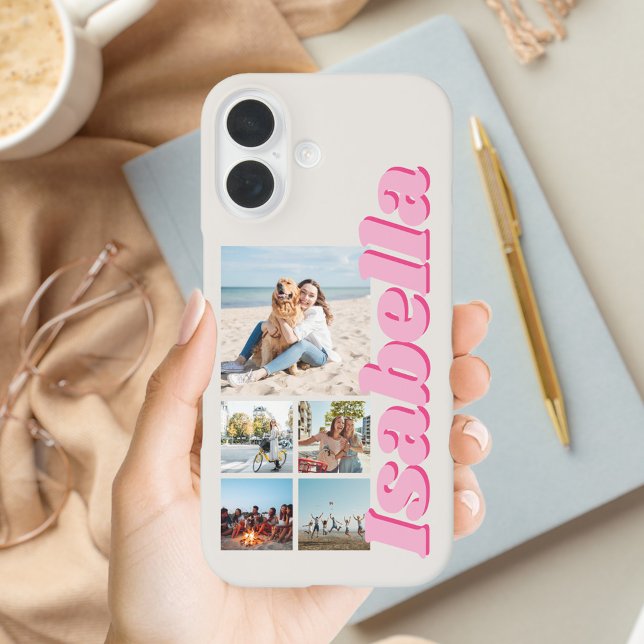 Modern Pink Monogram 5 Photo Collage Case-Mate iPhone Case (Creator Uploaded)