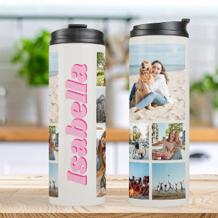 Modern Pink Monogram Personalized 10 Photo Collage Thermal Tumbler