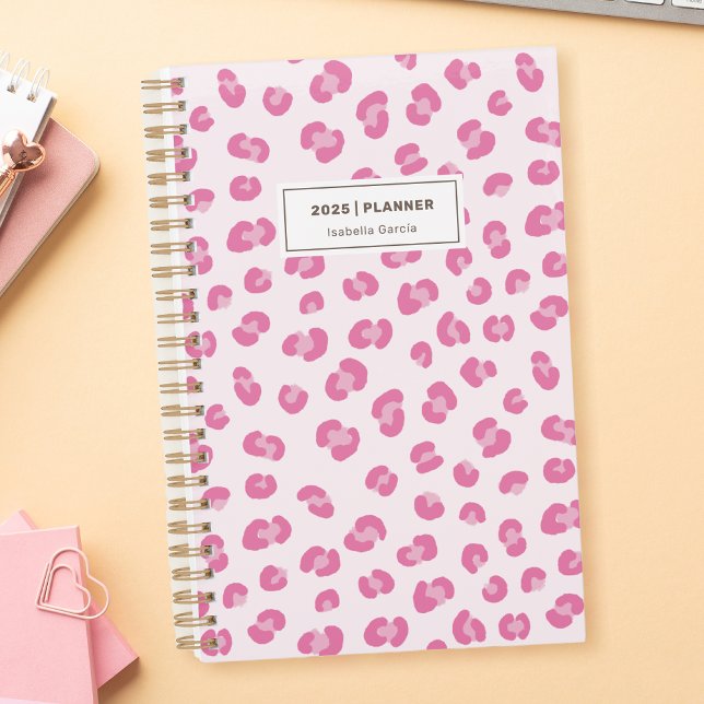 Modern Pink Monthly Planner (Personalized Pink Leopard Print, Weekly Monthly Planner.)