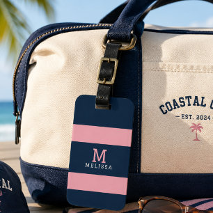 Modern Pink Navy Coastal Stripe Monogram Luggage Tag