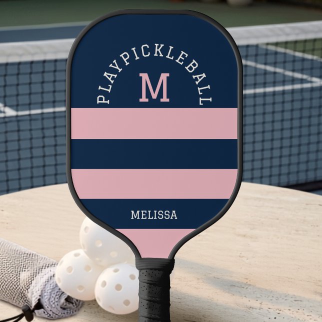 Modern Pink Navy Summer Coastal Stripes Monogram   Pickleball Paddle (Creator Uploaded)