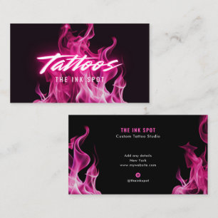 Modern Pink Neon Flames Tattoo Artist Business Card