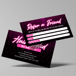 Modern  Pink Neon Hair Salon Refer a Friend Referral Card