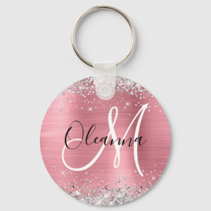 Modern Pink Ombre Foil Silver Glitter Monogram Key Ring